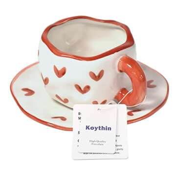 Koythin Ceramic Coffee Mug with Saucer Set, Cute Creative Cup Unique Irregular Design for Office and Home, Dishwasher and Microwave Safe, 10 oz/300 ml for Latte Tea Milk (Red Heart)