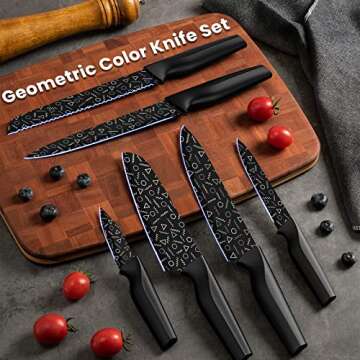 Astercook Knife Set, 12 Pcs Colorful Geometric Pattern Kitchen Knives Set, 6 Stainless Steel Chef Knife Sets with 6 Blade Guards, Dishwasher Safe, Black