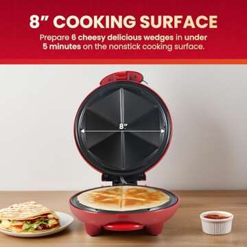 Elite Gourmet EQD-413 Electric Non-Stick 8" Quesadilla Maker, Easy-Slice 6-Wedge, Grilled Cheese Corn Flour Tortilla Snacks, Red