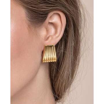 Sngia Gold Chunky Statement Earrings for Women, Small Handmade Trendy Stud Ribbed Jewelry Gifts, Rectangle Huggies Fashion Button Earrings Accessories, Vintage Thick Square Nickle Free Huggie Earrings.