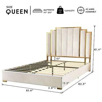 HOWE Queen Size Bed Frame and 61" Headboard, Upholstered Bed with Golden Plating Trim, Modern Platform Bed No Box Spring Needed, Cream