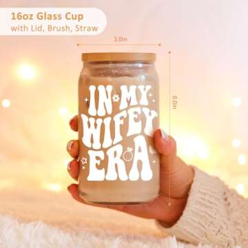 Fairy's Gift Wifey Cup, Engagement Gifts for Her, Bride Gifts, 16 oz Coffee Glass Cups with Lids Straws - in My Wifey Era - Wedding, Bridal Shower, Bachelorette Gifts for Bride, Bride to be Gifts