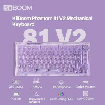 KiiBoom Phantom 81 V2 75% Hot Swappable Upgraded Crystal Gasket-Mounted Mechanical Keyboard, Triple Mode NKRO Gaming Keyboard with South-Facing RGB, Clear Keycaps, 4000mAh Battery for Win/Mac (Purple