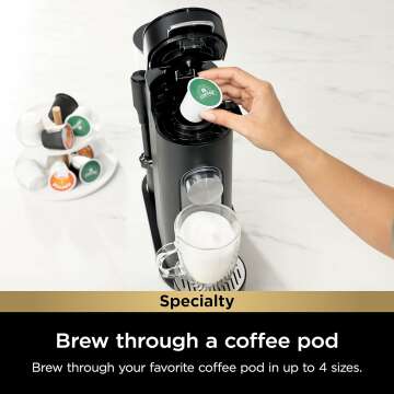 Ninja PB051 Pod & Grounds Specialty Single-Serve Coffee Maker, K-Cup Pod Compatible, Brews Grounds, Compact Design, Built-In Milk Frother, 56-oz. Reservoir, 6-oz. Cup to 24-oz. Mug Sizes, Black