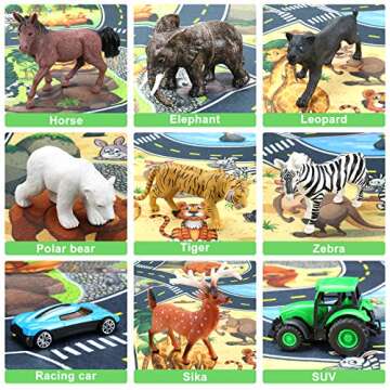 SUSENGO Safari Animal Figures Play Mat - Zoo Park Theme Plastic Toys with Cars, Tiger, Elephant, Lion and Giraffe, Realistic Animals Educational Toys for Kids