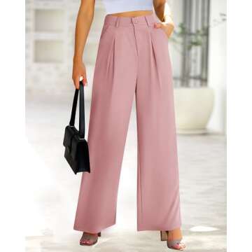 BTFBM Women High Waist Casual Wide Leg Long Palazzo Pants Button Down Loose Business Work Office Trousers with Pockets(Solid Pink, Small)