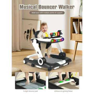 Music and Lights Baby Walker with Wheels, 6 in 1 Baby Activity Center w/Ergonomic backrest Design, Baby Walkers for Boys w/Foot Pads, Music Bouncer Walkers for Boys Girls Babies 6-18 Months, Black