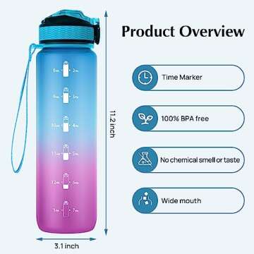 EYQ 32 oz Water Bottle with Times Marker, Carry Strap, Leak-Proof Tritan BPA-Free, Ensure You Drink Enough Water for Fitness, Gym, Camping, Outdoor Sports (Green/Purple Gradient)