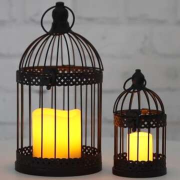 Vela Lanterns Halloween Bird Cage Decor Candle Holder Lantern Decorative Table Centerpiece Decorations, Black, Set of 2