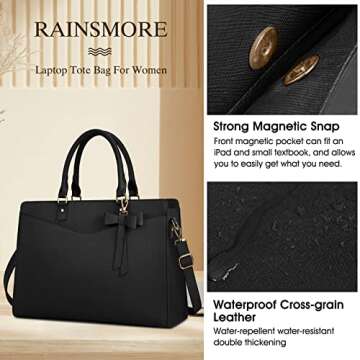 RAINSMORE Laptop Bag for Women 15.6 Inch PU Tote Bag Business Office Work Bag Waterproof Briefcase Computer Tote Lightweight Handbag Shoulder, Black