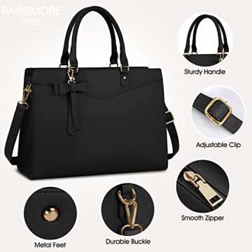 RAINSMORE Laptop Bag for Women 15.6 Inch PU Tote Bag Business Office Work Bag Waterproof Briefcase Computer Tote Lightweight Handbag Shoulder, Black