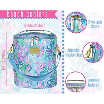 Lilly Pulitzer Blue/Green Insulated Soft Beach Cooler with Adjustable/Removable Strap and Double Zipper Close, Aqua La Vista