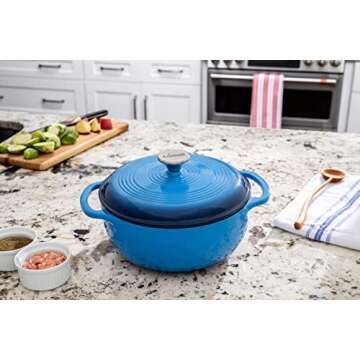 Lodge 4.5 Quart Enameled Cast Iron Dutch Oven with Lid – Dual Handles – Oven Safe up to 500° F or on Stovetop - Use to Marinate, Cook, Bake, Refrigerate and Serve – Caribbean Blue