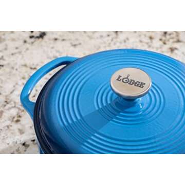 Lodge 4.5 Quart Enameled Cast Iron Dutch Oven with Lid – Dual Handles – Oven Safe up to 500° F or on Stovetop - Use to Marinate, Cook, Bake, Refrigerate and Serve – Caribbean Blue