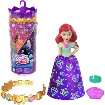 Mattel Disney Princess Toys, Small Doll Surprise, Royal Color Reveal, 6 Surprises Include Doll, Bracelet & 4 Pieces, Princess or Villain Series (Dolls May Vary)