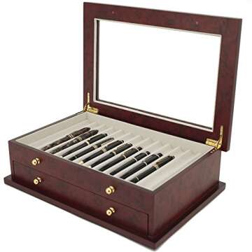 Tech Swiss Pen Box 26 Fountain Pens Writing Instruments Wood Constructed Glass Display Case (Burlwood)