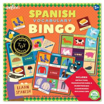 eeBoo: Spanish Bingo Vocabulary Game, A Game of Imaginative Problem Solving, Educational Games That Cultivates Conversation, Socialization, and Skill-Building, Learn Spanish, for Ages 5 and up