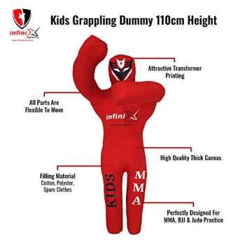 Infinix Sports Kids Grappling Dummy BJJ Wrestling Dummy for Kids Youth MMA Boxing Dummies Brazilian Jiu Jitsu Dummy Children Punching Dummy 110cm UNFILLED (Red)