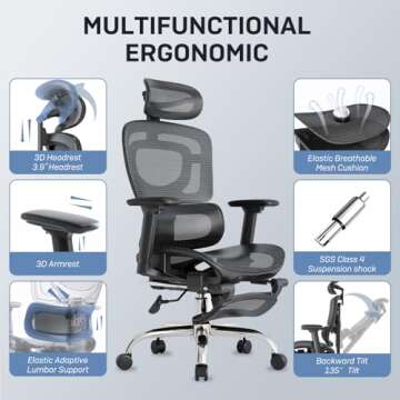 Ergonomic Office Chair, Breathable Mesh Chair with Adaptive Lumbar Support, 3D Headrest, Armrests, Retractable Footrest, and a Six-Position Adjustable Backrest, Office Desk Chair Black