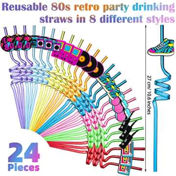 Vesici 80s Party Decor Retro Straw Hip Hop Theme 80s Party Silly Drinking Straws I Love 80s Radio Boombox Mobile Phone Straw Decorations for Adults 80s Party Favors, 8 Colors and Styles(24 Pcs)