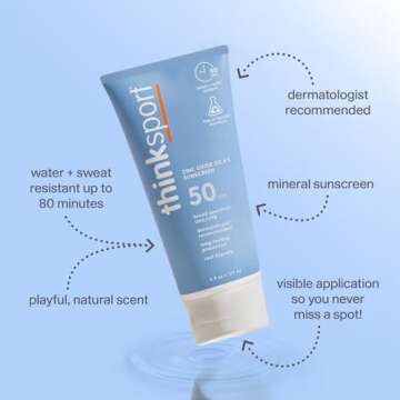 Thinksport SPF 50+ Mineral Sunscreen – Safe, Natural Sunblock for Sports & Active Use - Water Resistant Sun Cream –UVA/UVB Sun Protection – Vegan, Reef Friendly Lotion, 6oz