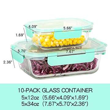 C CREST [10-Pack] Glass Food Storage Containers with Lids, Airtight, BPA Free, Meal Prep Containers for Kitchen, Home Use