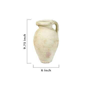 Serene Spaces Living, Antique White Terracotta Clay Jug Vase, Pottery Pot with Handle, Single-Handled Decorative Vintage Pot for Plants, Home Decor, and Events