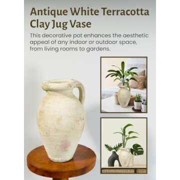 Serene Spaces Living, Antique White Terracotta Clay Jug Vase, Pottery Pot with Handle, Single-Handled Decorative Vintage Pot for Plants, Home Decor, and Events