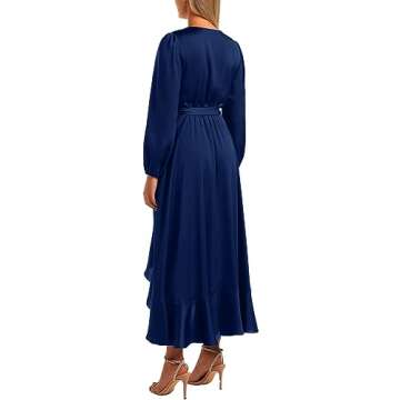 PRETTYGARDEN Women's Satin Fall Dress Semi Formal Satin Long Sleeve Wrap V Neck Ruffle Belted A-Line Flowy Maxi Dresses (Navy,Small)