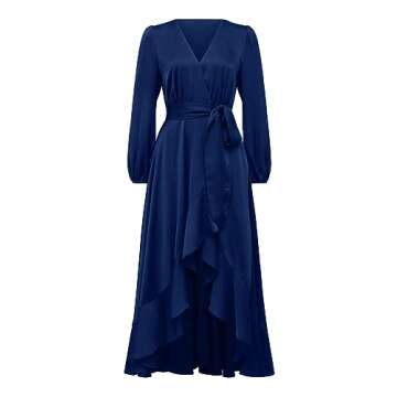 PRETTYGARDEN Women's Satin Fall Dress Semi Formal Satin Long Sleeve Wrap V Neck Ruffle Belted A-Line Flowy Maxi Dresses (Navy,Small)