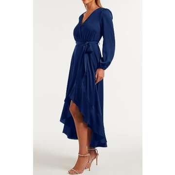 PRETTYGARDEN Women's Satin Fall Dress Semi Formal Satin Long Sleeve Wrap V Neck Ruffle Belted A-Line Flowy Maxi Dresses (Navy,Small)