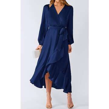 PRETTYGARDEN Women's Satin Fall Dress Semi Formal Satin Long Sleeve Wrap V Neck Ruffle Belted A-Line Flowy Maxi Dresses (Navy,Small)