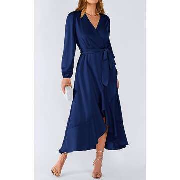 PRETTYGARDEN Women's Satin Fall Dress Semi Formal Satin Long Sleeve Wrap V Neck Ruffle Belted A-Line Flowy Maxi Dresses (Navy,Small)