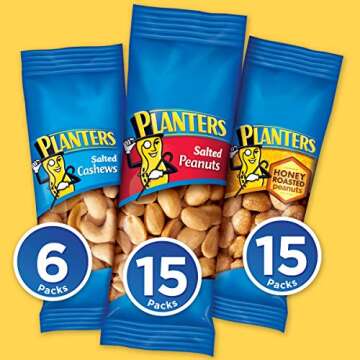 PLANTERS Variety Pack, Salted Cashews, Salted Peanuts & Honey Roasted Peanuts, On-the-Go Nut Snacks, Individually Packed Snacks, Quick Snack for Adults, After School Snack, Kosher, (36 Pack)