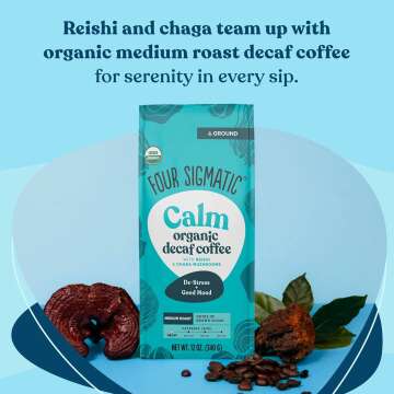 Four Sigmatic Calm Organic Decaf Ground Coffee | Swiss Water Decaf Coffee Ground | Decaffeinated Coffee with Chaga & Reishi Mushroom Extracts | Decaf Coffee for Stress Relief | 12oz Bag