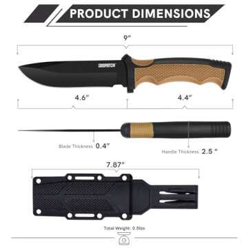 Dispatch Tactical Fixed Blade Knife with Sheath, 9 Inch Survival Hunting Knives with Non-Slip Handle for Outdoor Camping, Hiking, Bushcraft, EDC