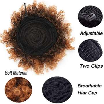 THEMIS HAIR Afro Puff Drawstring Ponytail For Short Natural Hair, High Puff Drawstring Short Ponytail Bun For Black Women, Afro Kinky Curly Ponytail Hairpieces With Clip In Color T1B/30#