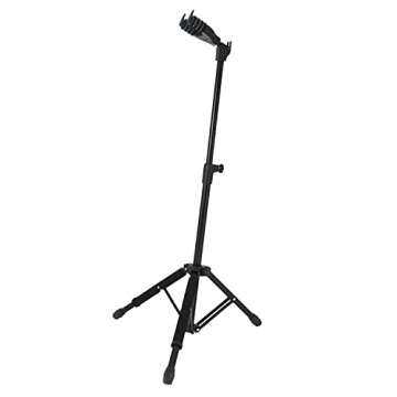 Clef Audio Labs Universal Upright Floor Guitar Stand - Gravity Self-Locking Mechanism, Height-Adjustable, Portable with Guitar Bag Hook, for Acoustic, Electric, Bass Guitars, Guitar picks included