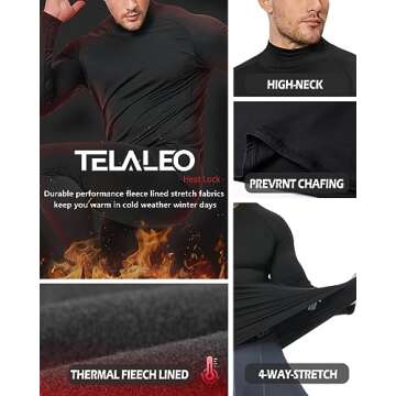 Thermal Underwear for Men Thermals Set Fleece Lined Turtle Mock Neck Shirts Cold Weather Winter Skiing Gear Black S