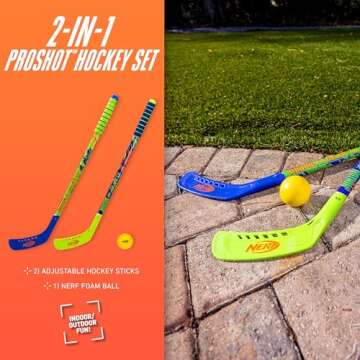 Franklin Sports NERF Proshot Kids Hockey Sticks+Ball Set-2 Player Youth Indoor+Outdoor NERF Hockey Set-2 in 1 Knee+Floor Hockey Sticks-(2)NERF Proshot Youth Hockey Sticks+(1)Foam Hockey Ball Included