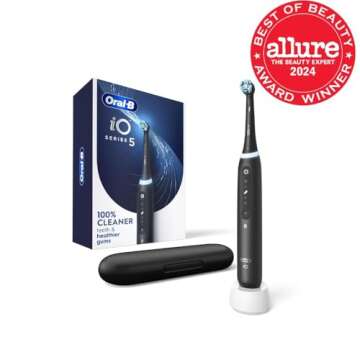 Oral-B iO Series 5 Rechargeable Electric Toothbrush with Visible Pressure Sensor to Protect Gums, 2 Minute Timer, 5 Cleaning Settings, 1 Replacement Toothbrush Heads, and Travel Case, Black