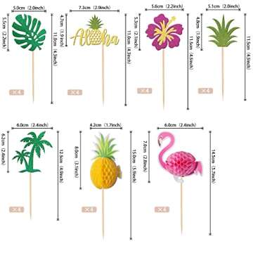 28 PCS Tropical Cupcake Toppers Glitter Leaf Pineapple Flower Palm Tree Flamingo Cupcake Picks Aloha Cake Decorations for Summer Hawaiian Luau Theme Baby Shower Birthday Wedding Party Supplies