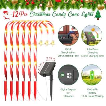 BUCASA 12 Pack Outdoor Christmas Decorations Solar Candy Cane Lights, Solar & USB-C Rechargeable Christmas Pathway Lights with Displays, 10 Modes Christmas Decorations for Outdoor Yard Xmas Party