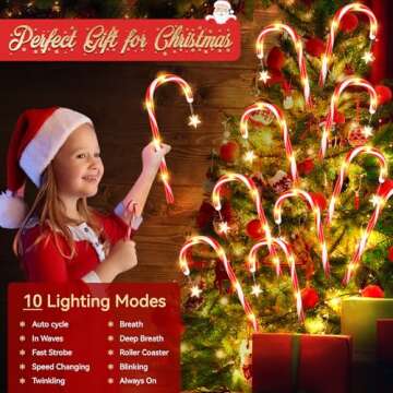 BUCASA 12 Pack Outdoor Christmas Decorations Solar Candy Cane Lights, Solar & USB-C Rechargeable Christmas Pathway Lights with Displays, 10 Modes Christmas Decorations for Outdoor Yard Xmas Party