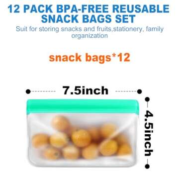 12 Pack Reusable Snack Bags, Reusable Silicone Bags Reusable Food Storage Bags, Snack Size Zip Lock Bag for Travel Home Fridge Kitchen Organization and Storage Lunch Meal Prep Snack Containers