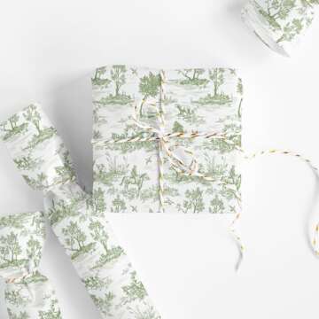 JarThenaAMCS Classic French Village Printed Wrapping Paper -Mini Roll- 17 In x 32.8Ft White Green Rustic Rural Scenery Gift Wrap Paper Decorative Art Paper for Birthday Gift Packing Supplies