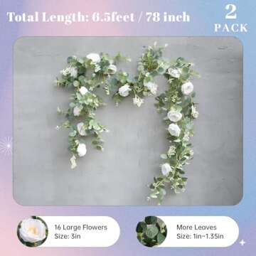 Der Rose 2 Pcs 13Ft Artificial Eucalyptus Flower Garland with Fake Rose Flower Vine Seeded Eucalyptus Leaves Greenery Garland for Wedding Table Runner Backdrop Party Centerpiece Room Decor (White)