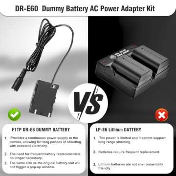 F1TP ACK-E6 AC Power Supply Adapter DR-E6 DC Coupker Kit LP-E6N Dummy Battery for Canon EOS 90D 80D 70D 60D 6D 7D R R5 R5-C R6 R7, 5D Mark II III IV, 6D Mark II, 7D Mark II 5DS 5DSR Camera.