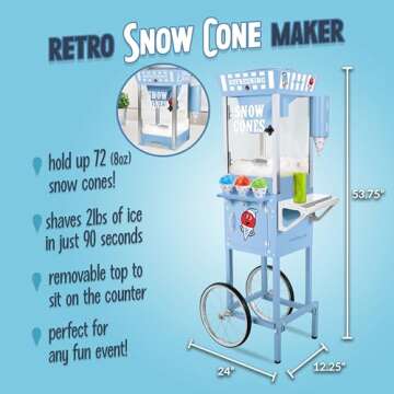 Nostalgia Snow Cone Shaved Ice Machine - Retro Cart Slushie Machine Makes 72 Icy Treats - Includes Metal Scoop, 2 Syrup Bottles, 100 Paper Cups/Spoons, Storage Compartment, Wheels - Blue, 54" Tall