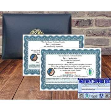 Official Certified Emotional Support Dog Certificates & Leather Presentation Folder, Customized Set of 2 Certificates Includes Handler/Dog Info PVC Card-with Registration at U S Service Dogs Registry